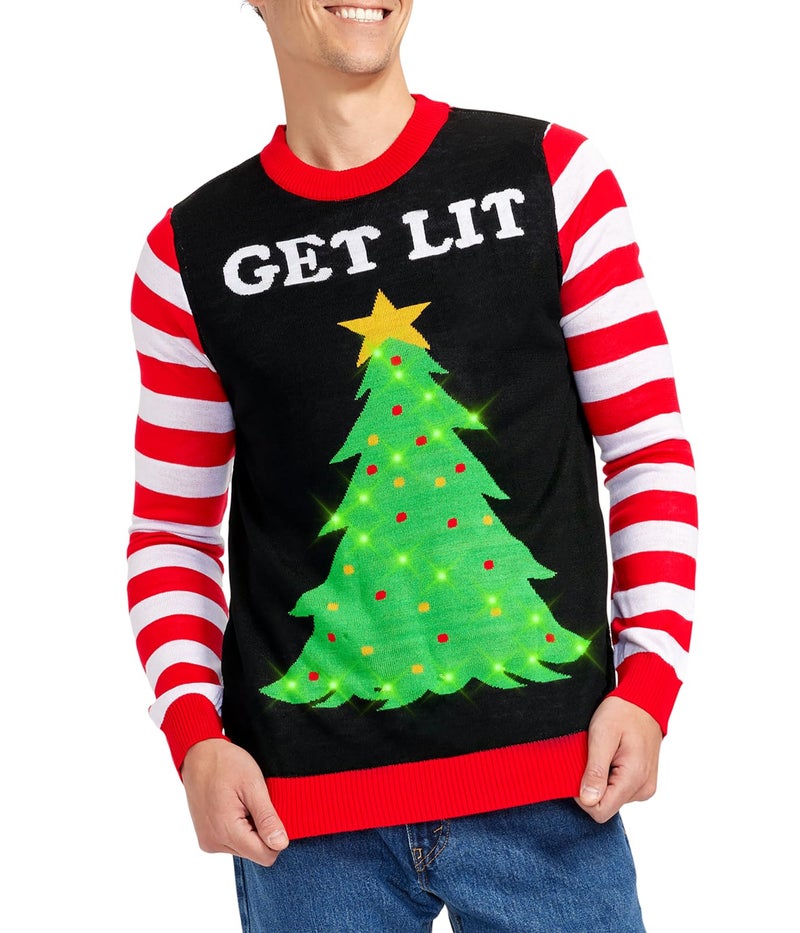 Tipsy Elves سويتر عيد الميلاد المضيء للرجال من تيبسي إلفز - أسود سويتر عيد الميلاد القبيح المضحك مقاس صغير - Image 1